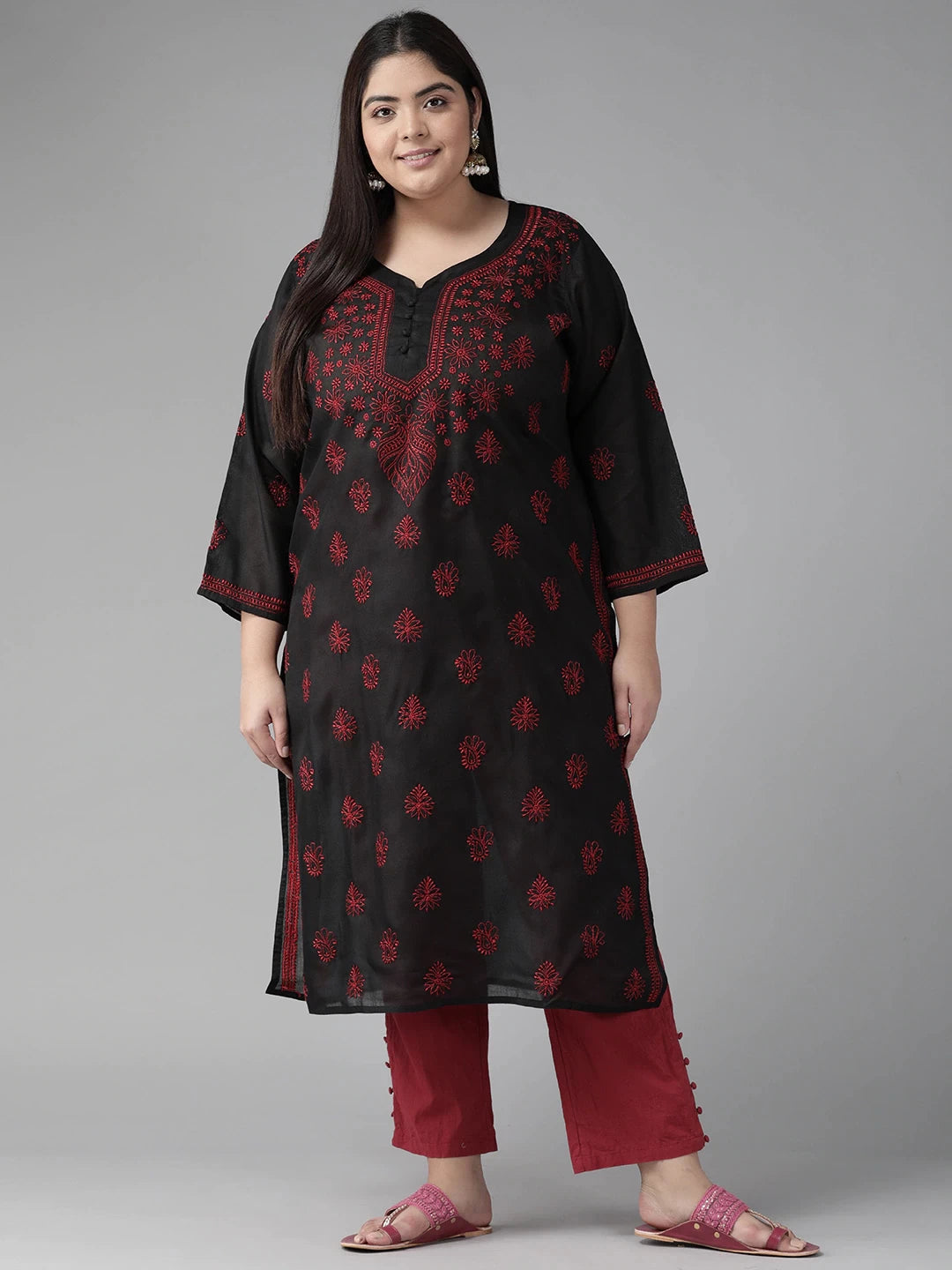 Ada Hand Embroidered Black Cotton Lucknowi Chikankari Straight Kurta A100407