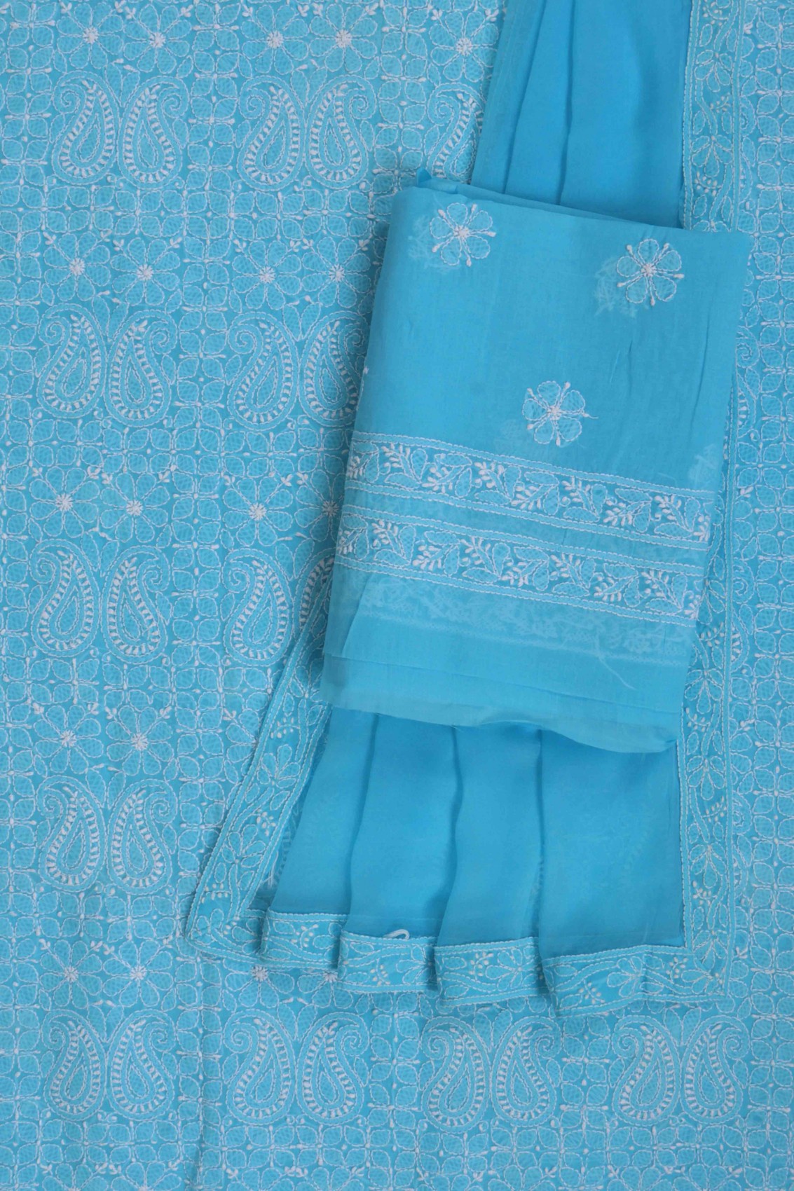 Ada Hand Embroidered Sky Blue Cotton Lucknowi Chikan Unstitched Suit Piece A495590