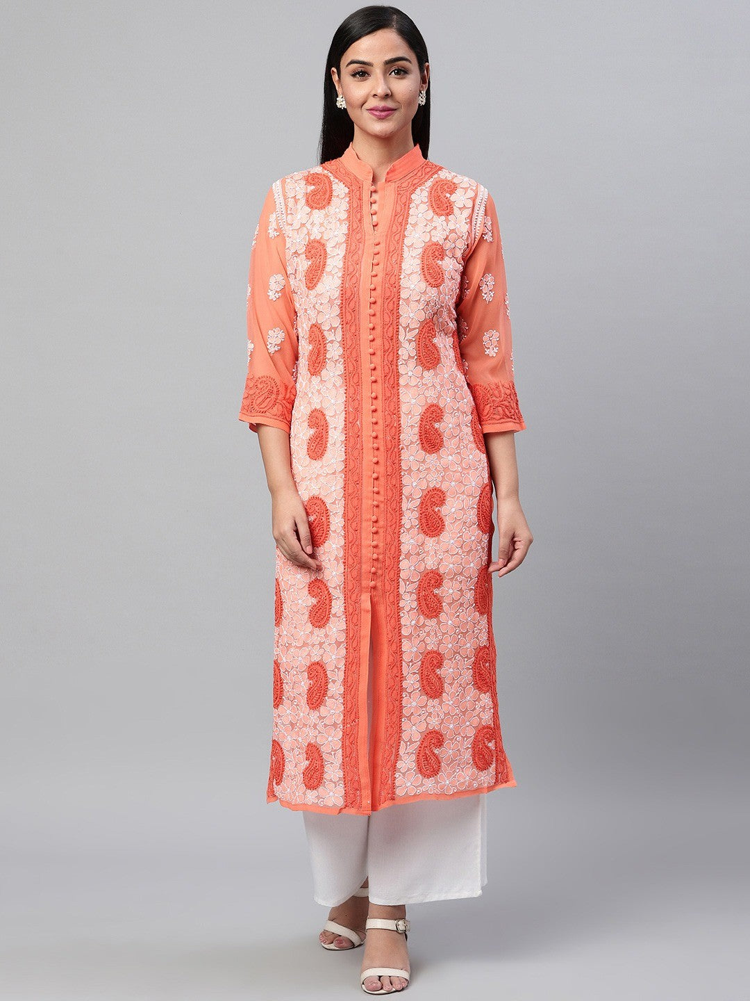Ada Hand Embroidered Orange Georgette Lucknowi Chikankari Straight Kurta-A272355