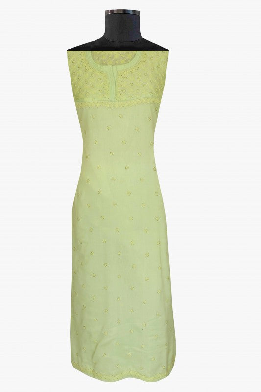 Ada Hand Embroidered Lime Green Chanderi Lucknowi Chikankari Semi-Stitched Anarkali Kurta Piece With Muqaish Work A571940