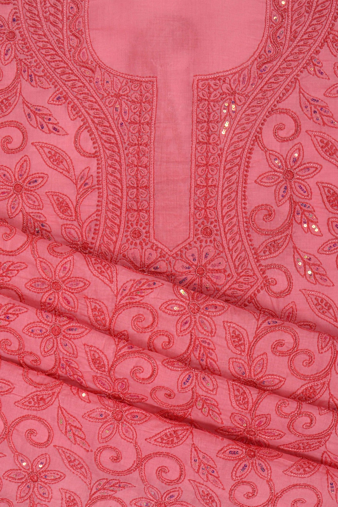 Ada Hand Embroidered Peach Cotton Lucknowi Chikankari Unstitched Suit Piece With Pearl Work 01A209952