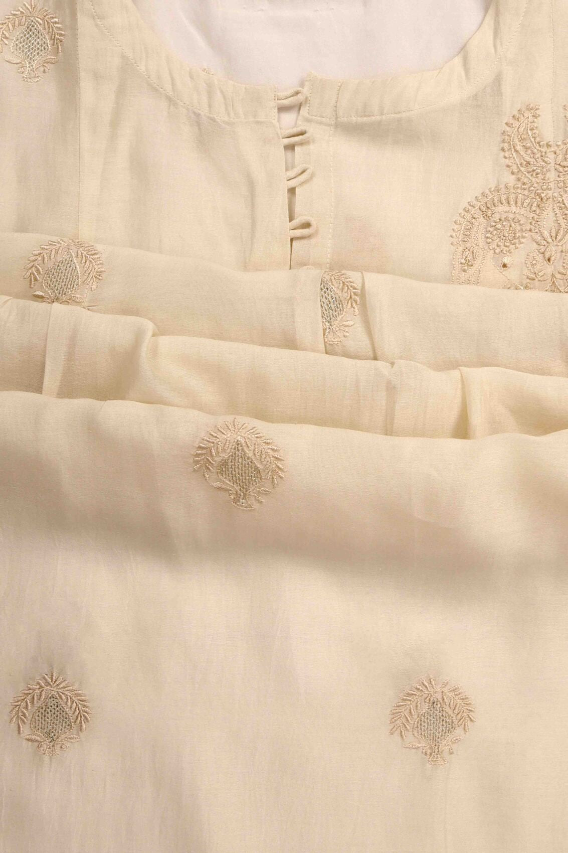 Ada Hand Embroidered Off White Chanderi Lucknowi Chikankari Unstitched Kurta Dupatta Set With Zari Work A520548