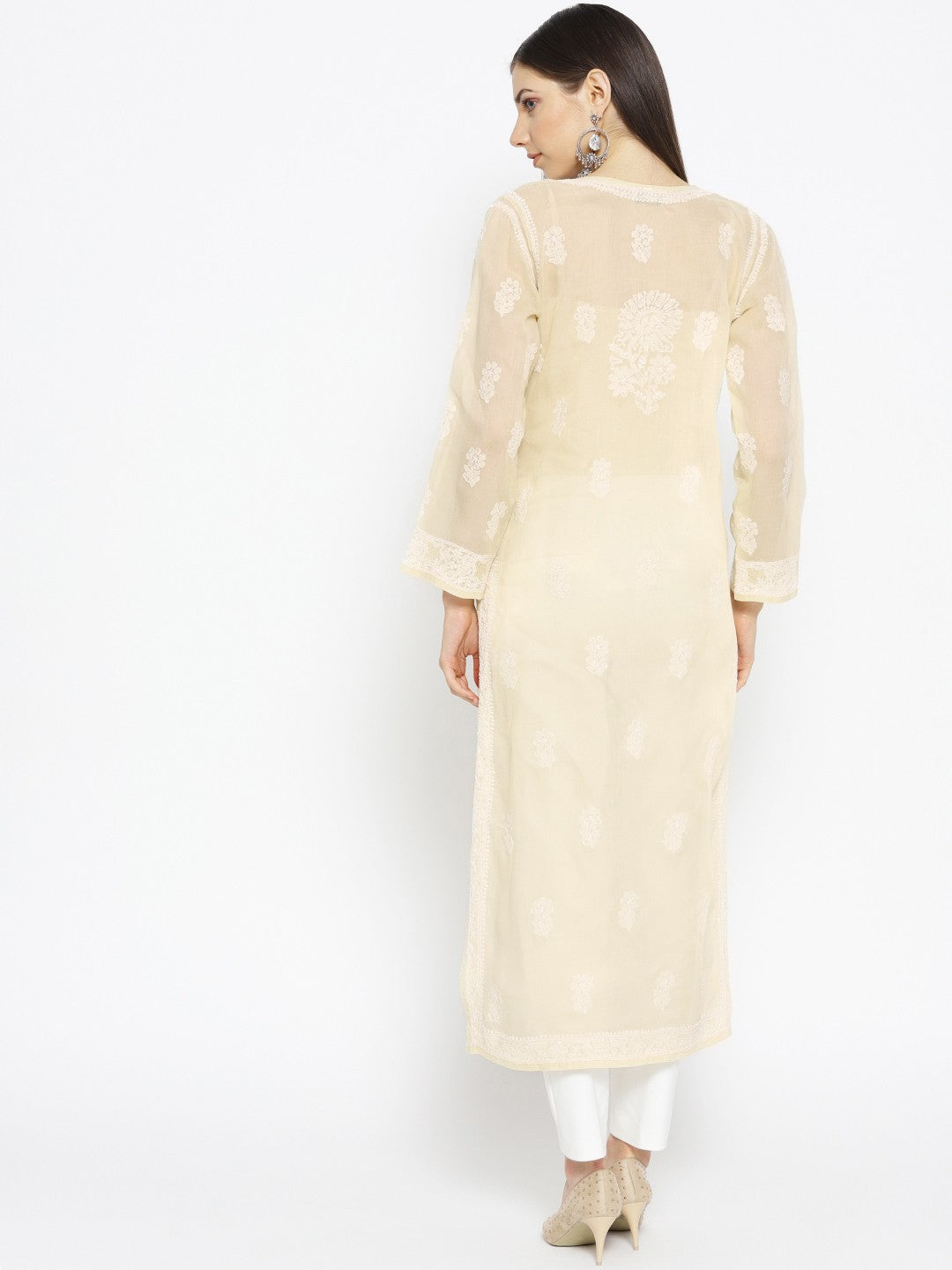 Ada Hand Embroidered Fawn Cotton Lucknowi Chikankari Straight Kurta A100123