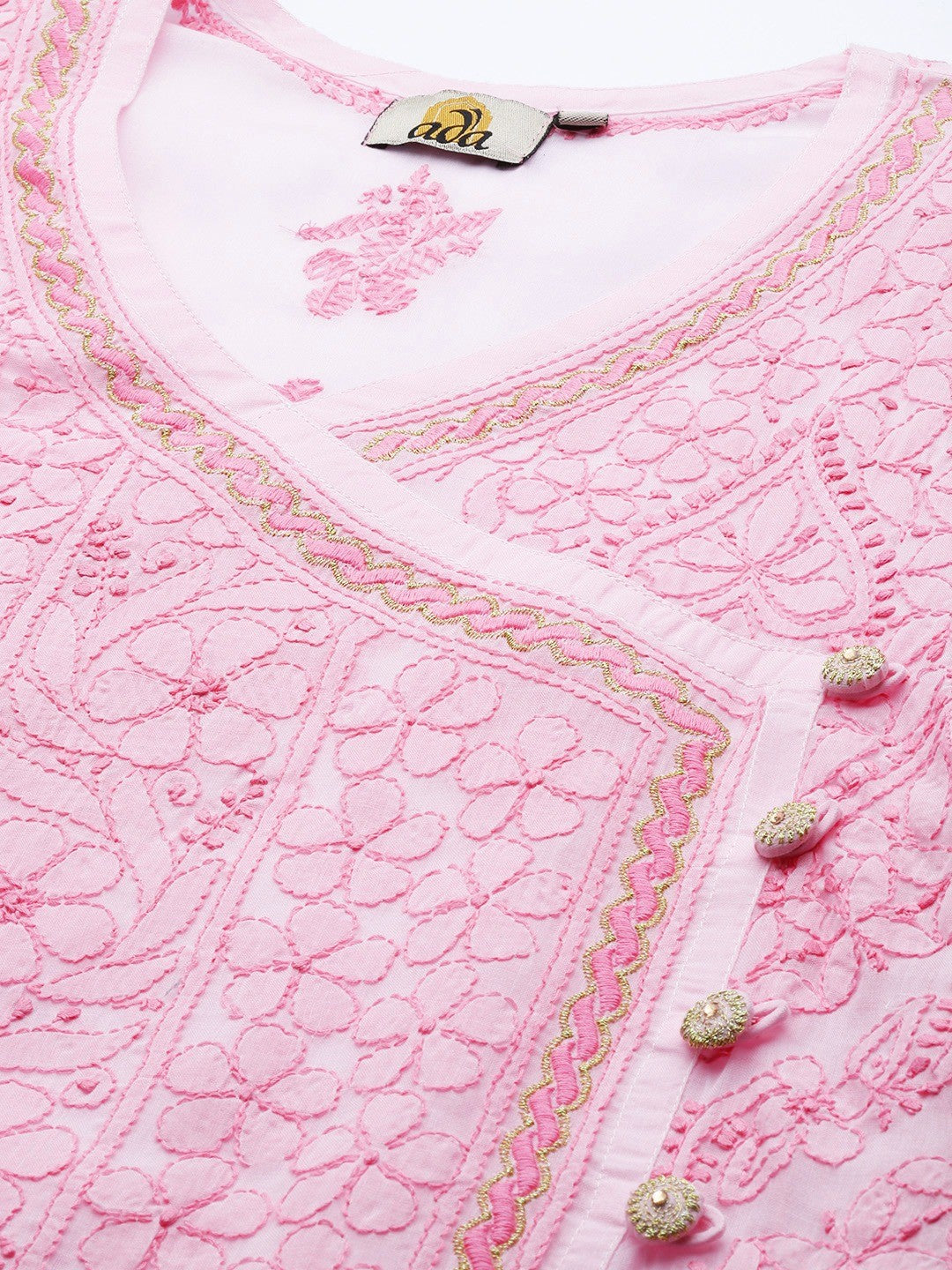 Ada Hand Embroidered Pink Cotton Lucknow Chikan Kurta A411251