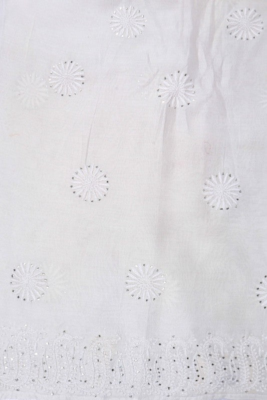 Ada Hand Embroidered White Chanderi Lucknowi Chikankari Semi-Stitched Anarkali Kurta Piece With Muqaish Work A609248