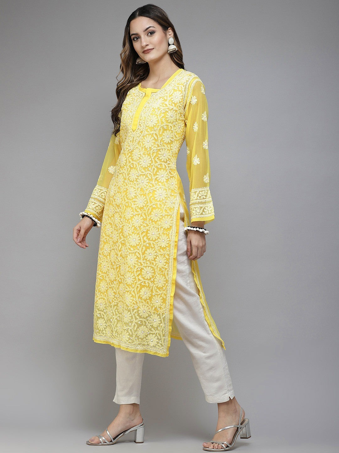 Ada Hand Embroidered Yellow Georgette Lucknowi Chikankari Straight Kurta With Slip A158875