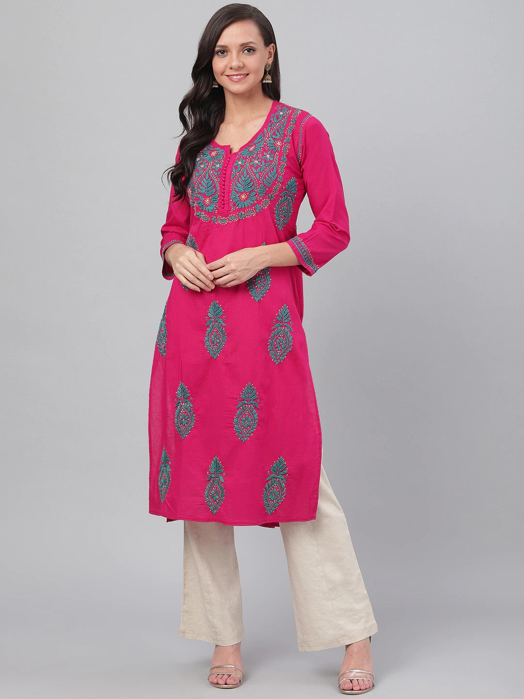 Ada Hand Embroidered Magenta Cotton Lucknow Chikankari Straight Kurta A411489