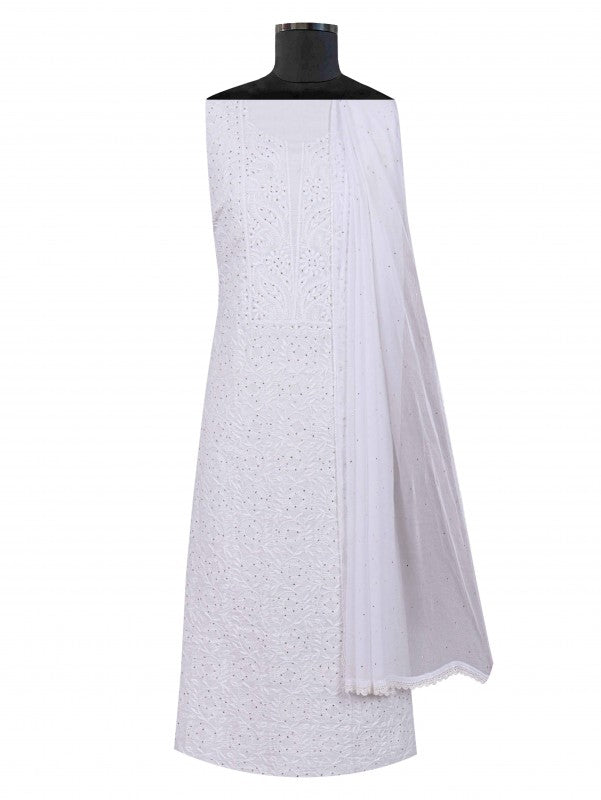Ada Hand Embroidered White Cotton Lucknowi Chikankari Unstitched Suit Piece With Muqaish Work 01A207475