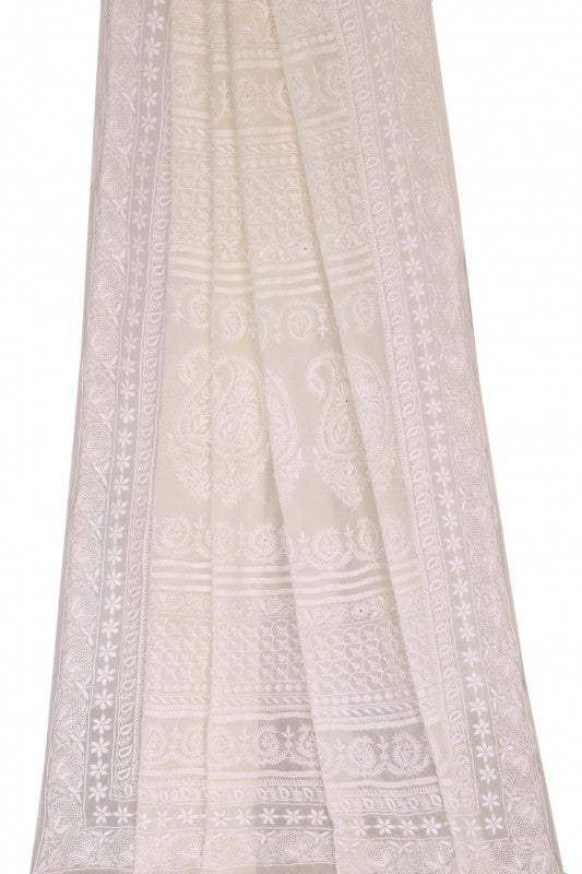Ada Hand Embroidered White Pure Georgette Lucknowi Chikankari Saree with Blouse A557077