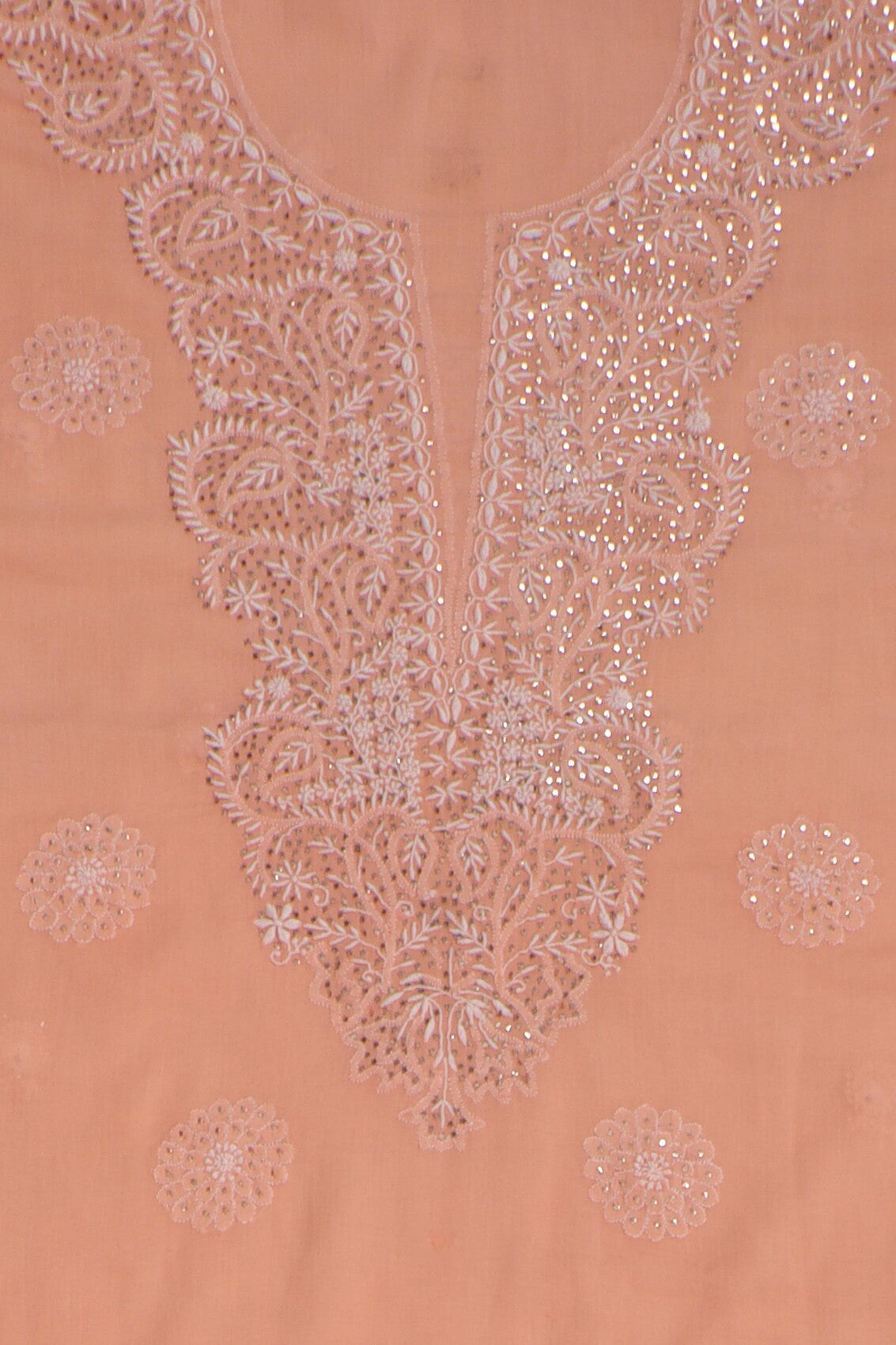 Ada Hand Embroidered Peach Cotton Lucknowi Chikankari Unstitched Suit Piece With Muqaish Work 01A165718