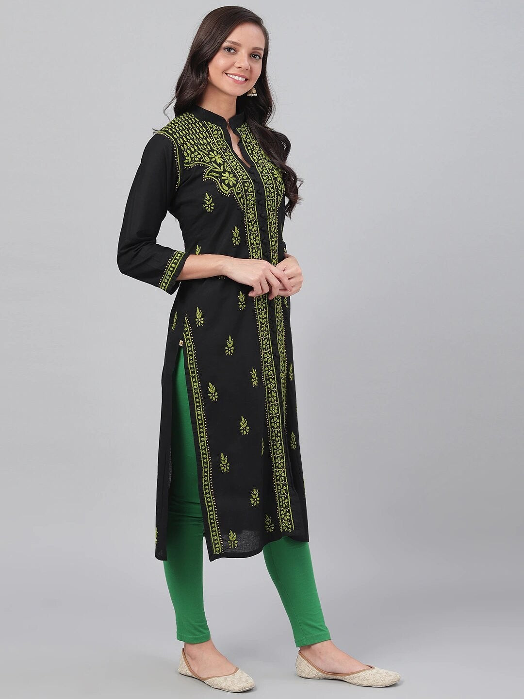 Ada Hand Embroidered Black Cotton Lucknowi Chikan Straight Kurta A444739