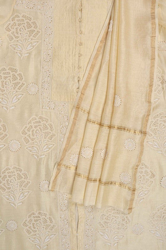 Ada Hand Embroidered Fawn Chanderi Lucknowi Chikan Semi-stitched Kurta Dupatta Set with Muqaish Work A497283