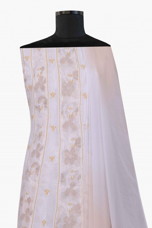 Ada Hand Embroidered White Cotton Lucknowi Chikankari Unstitched Anarkali Set A23220