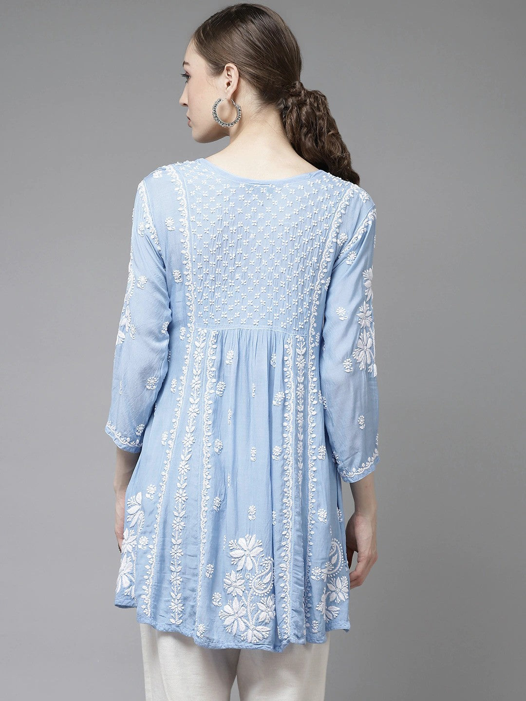 Ada Hand Embroidered Blue Muslin Lucknow Chikan Kurti-A911129