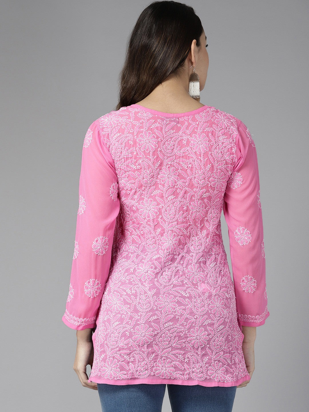 Ada Hand Embroidered Hot Pink Georgette Lucknowi Chikankari Straight Kurti A911273