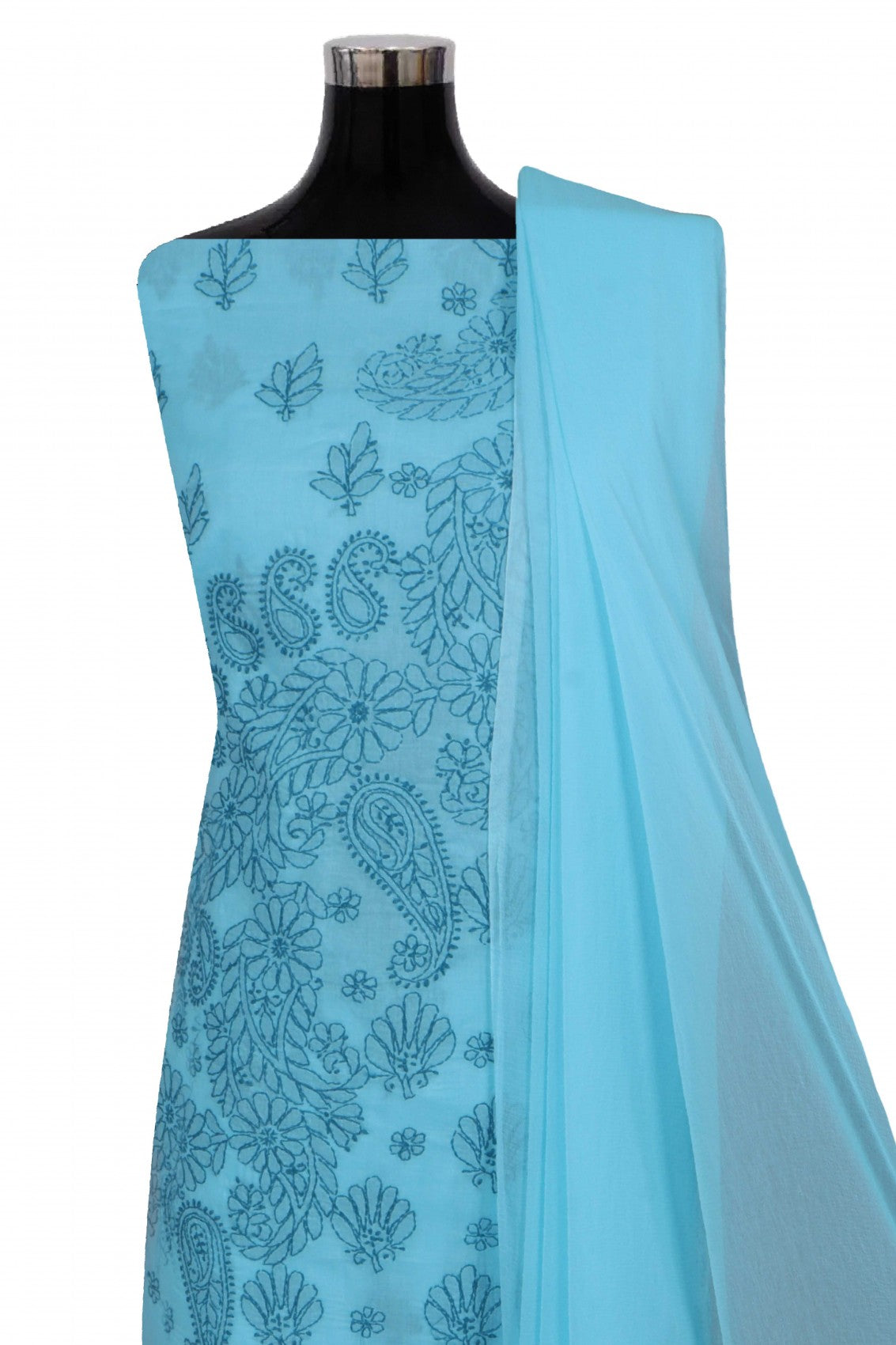 Ada Hand Embroidered Sky Blue Cotton Lucknowi Chikankari Unstitched Suit Piece 01A262732