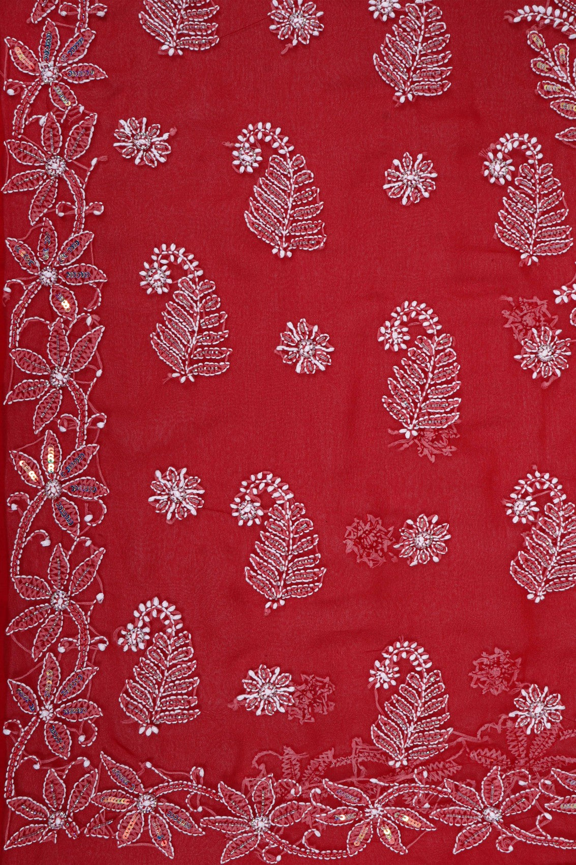 Ada Hand Embroidered Red Georgette Lucknowi Chikankari Saree/Blouse With Cutdana Work 01A194046