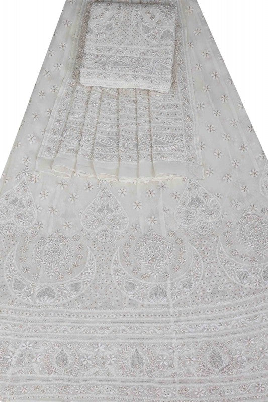 Ada Hand Embroidered White Pure Georgette Lucknowi Chikankari Lehenga Set With Zari Work A624444