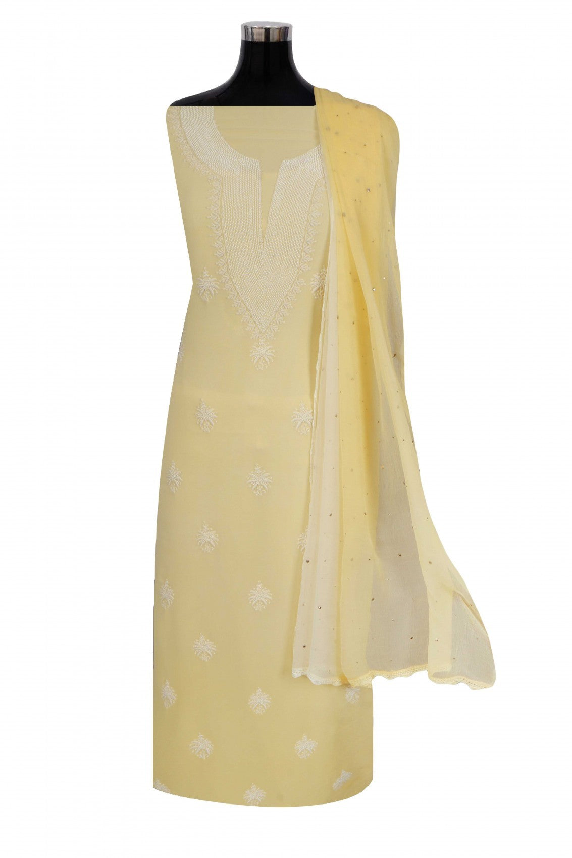 Ada Hand Embroidered Light Yellow Georgette Lucknowi Chikankari Unstitched Kurta Dupatta Set With Pearl Work A454750