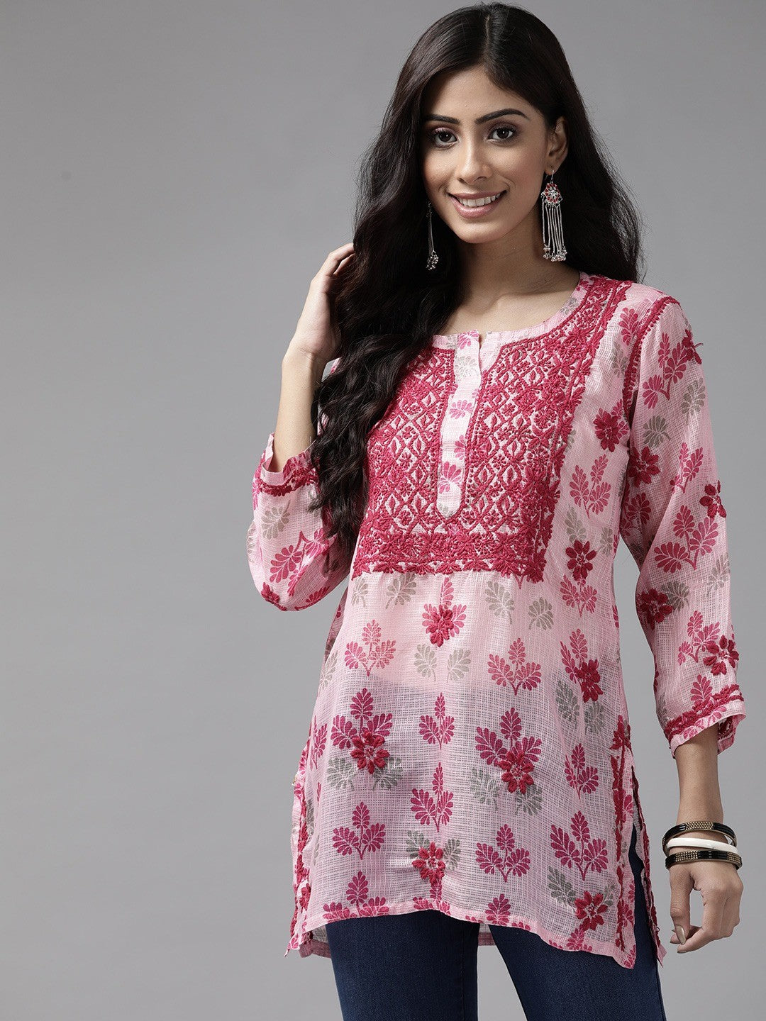 ADA Hand Embroidered Pink Kota Lucknowi Chikankari Short Kurti A911142