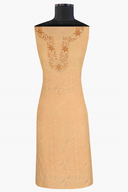 Ada Hand Embroidered Fawn Georgette Lucknowi Chikan Unstitched Kurta Piece-A370783
