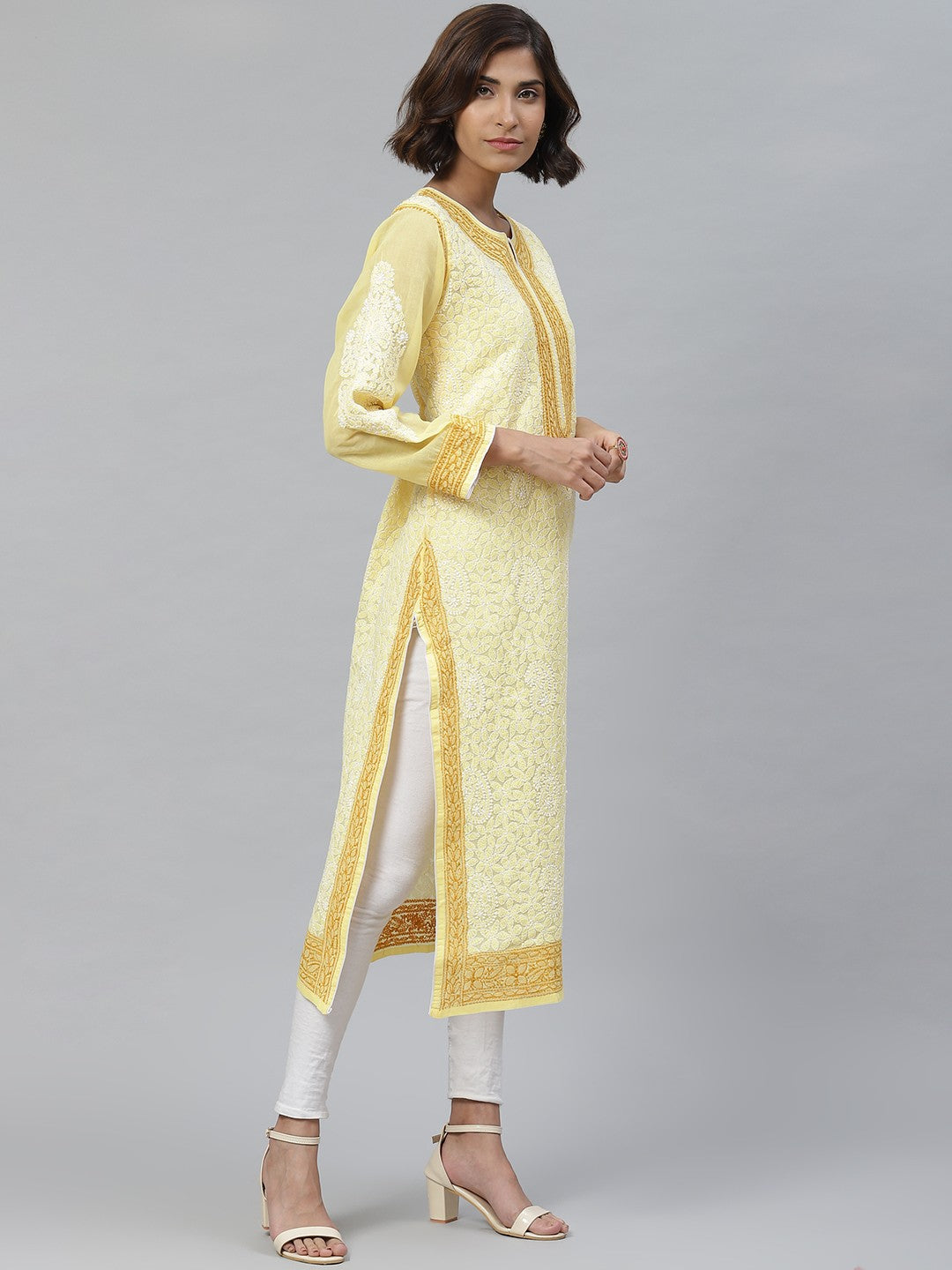 Ada Hand Embroidered Yellow Cotton Lucknowi Chikankari Straight Kurta A411134