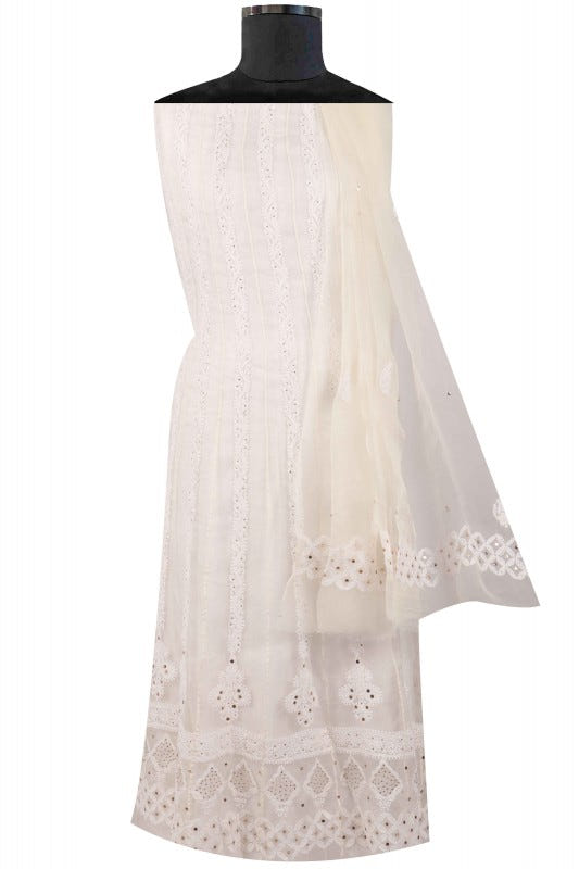 Ada Hand Embroidered White Organza Lucknowi Chikankari Semi-Stitched Anarkali Kurta Dupatta Set With Muqaish Work 01A63789