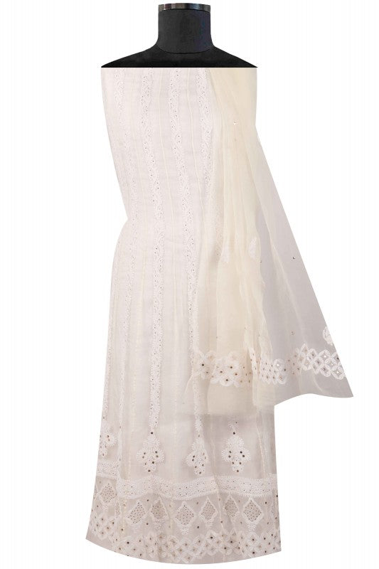 Ada Hand Embroidered White Organza Lucknowi Chikankari Semi-Stitched Anarkali Kurta Dupatta Set With Muqaish Work 01A63789