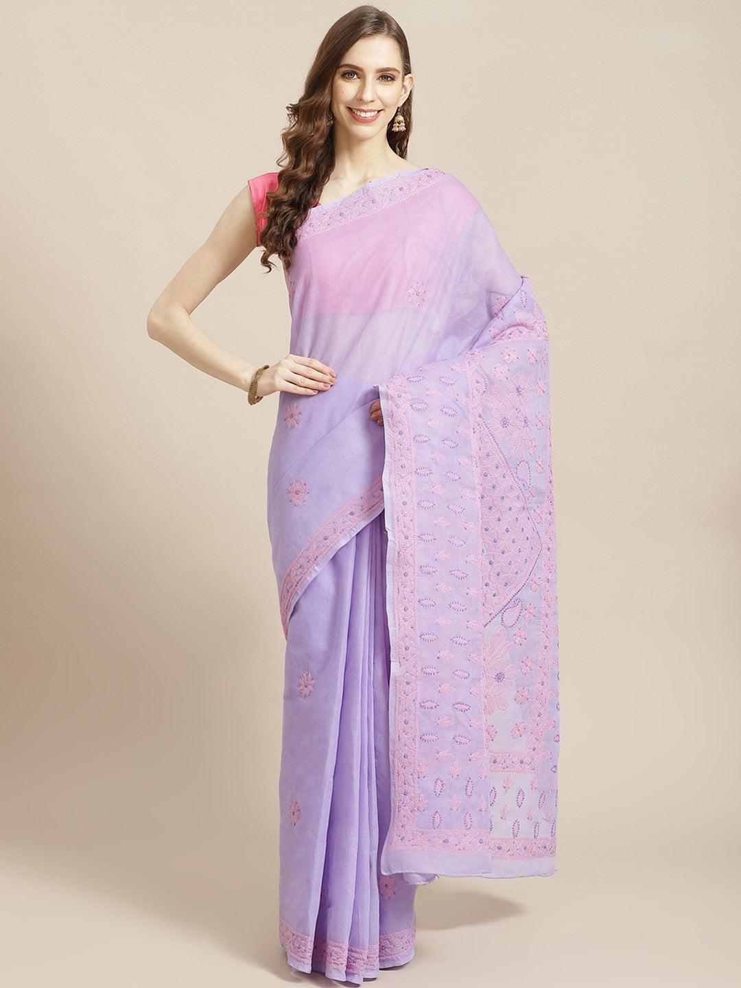 Ada Hand Embroidered Mauve Cotton Lucknow Chikan Saree With Blouse-A311213
