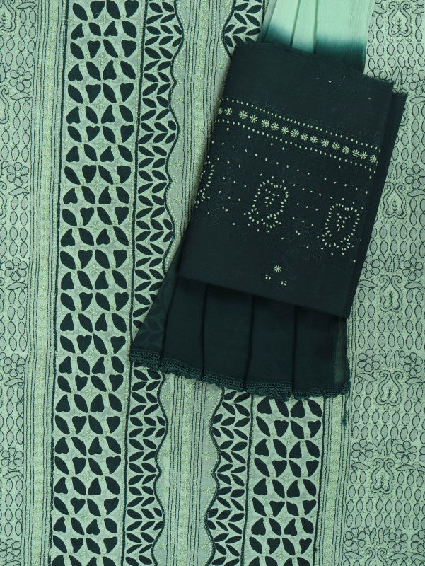 Ada Hand Embroidered Green Cotton Lucknowi Chikankari Unstitched Suit Piece 01A184059