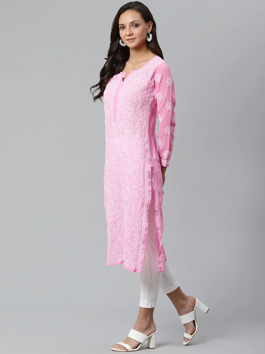 Ada Hand Embroidered Pink Georgette Lucknowi Chikankari Kurta with Palazzo Set A100404