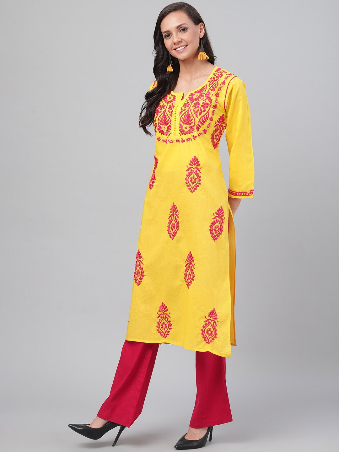Ada Hand Embroidered Yellow Cotton Lucknowi Chikankari Straight Kurta A357848
