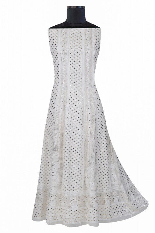 Ada Hand Embroidered White Georgette Lucknowi Chikankari Semi-stitched Anarkali Kurta Dupatta Set With Muqaish Work- A621528