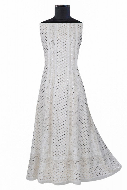 Ada Hand Embroidered White Georgette Lucknowi Chikankari Semi-stitched Anarkali Kurta Dupatta Set With Muqaish Work- A621528