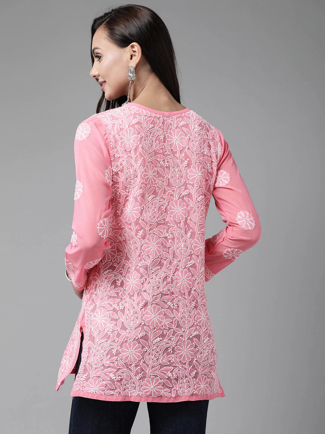 Ada Hand Embroidered Rose Pink Georgette Lucknowi Chikankari Straight Kurti A911225
