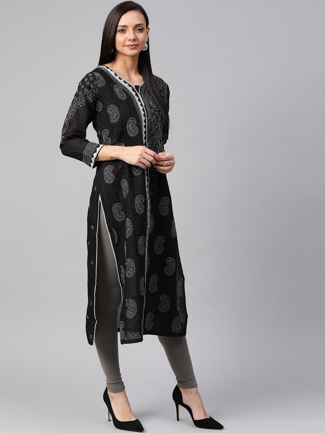 Ada Hand Embroidered Black Cotton Lucknow Chikan Kurta - A100440