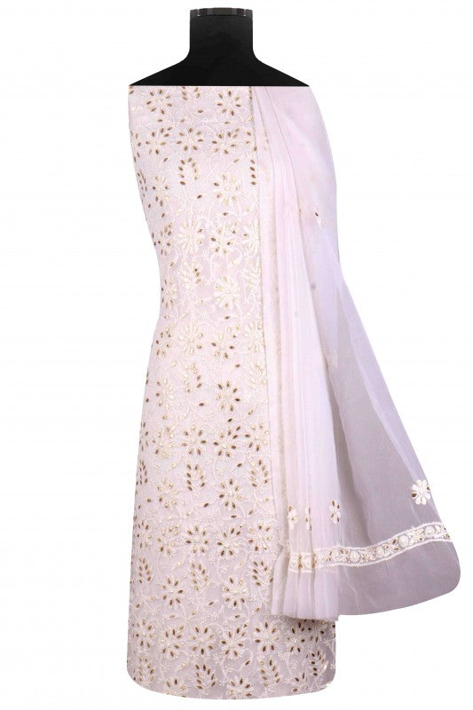Ada Hand Embroidered White Georgette Lucknowi Chikan Unstitched Suit Piece with Gota Patti Work A428256