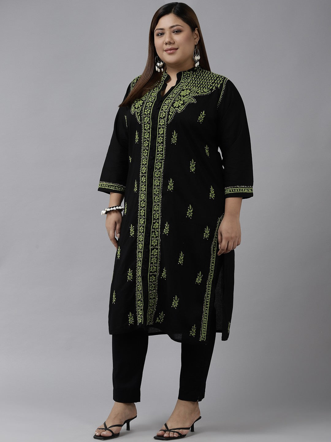 Ada Hand Embroidered Black Cotton Lucknowi Chikan Straight Kurta A444739