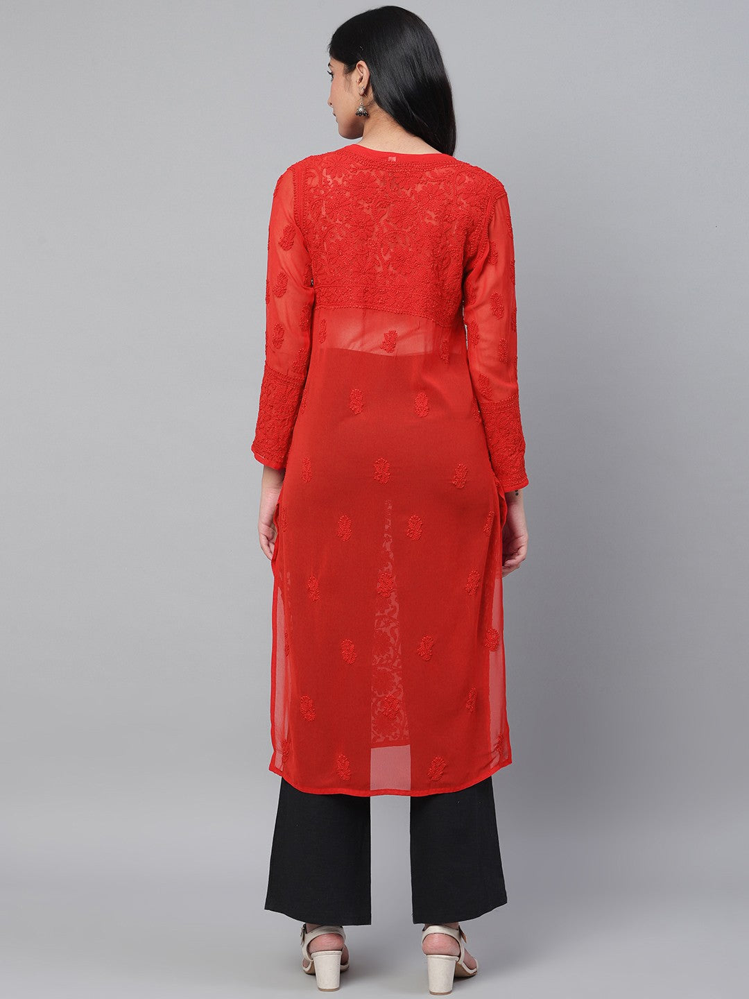 Ada Hand Embroidered Red Faux Georgette Lucknow Chikankari Straight Kurta A100591