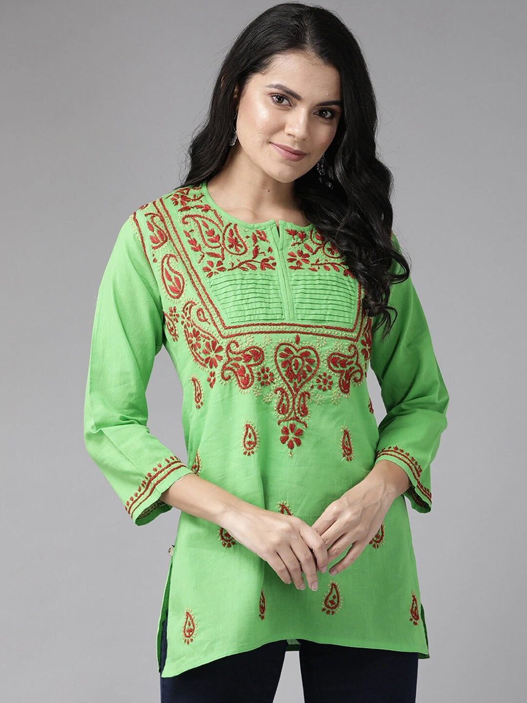 Ada Hand Embroidered Green Cotton Lucknow Chikan Kurti– A226921