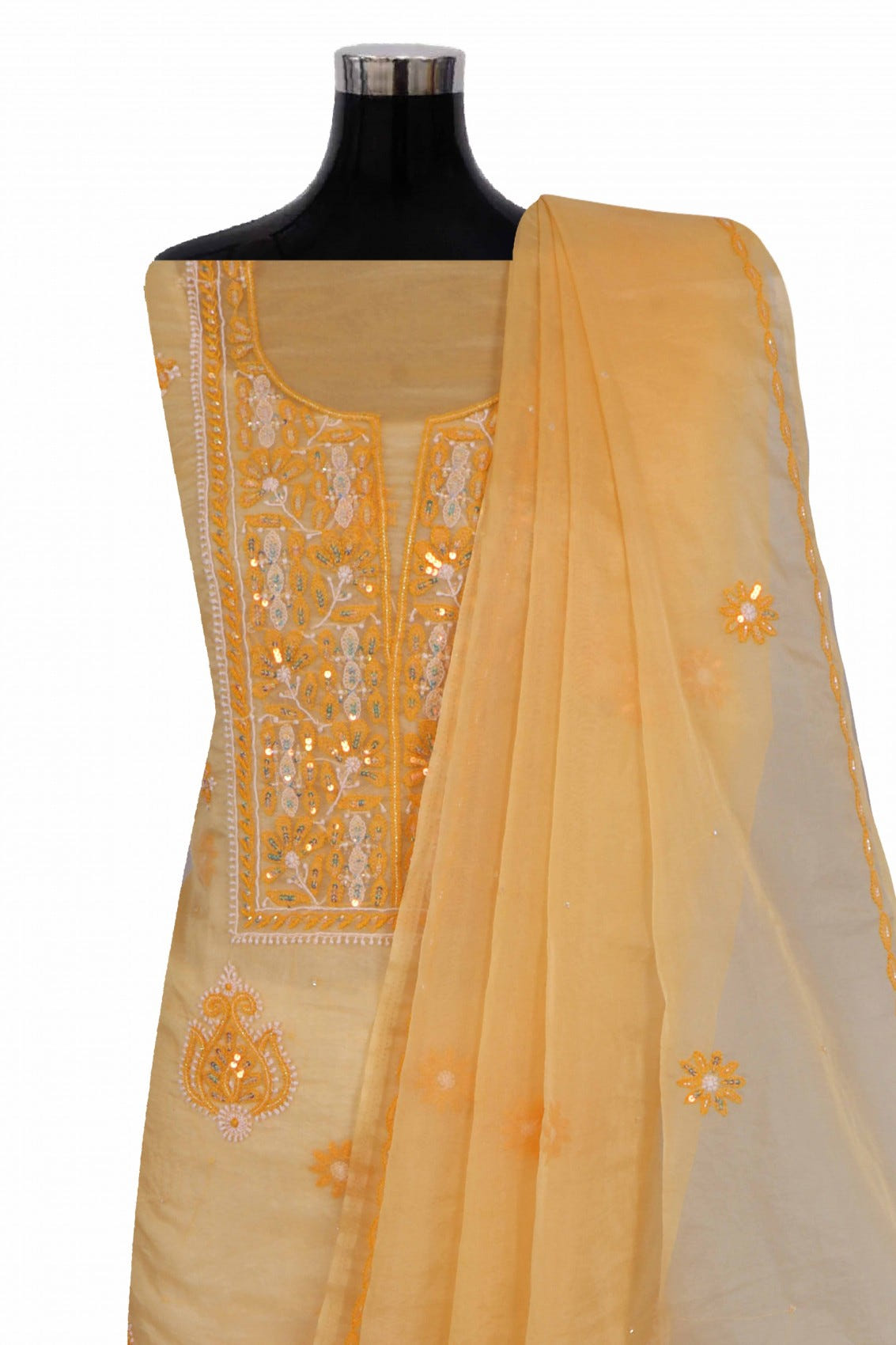Ada Hand Embroidered Tangerine Orange Organza Lucknowi Chikankari Unstitched Kurta Dupatta Set With Sequinned Work 01A133669