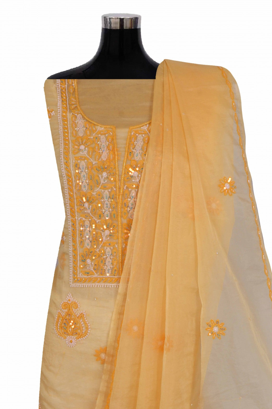Ada Hand Embroidered Tangerine Orange Organza Lucknowi Chikankari Unstitched Kurta Dupatta Set With Sequinned Work 01A133669
