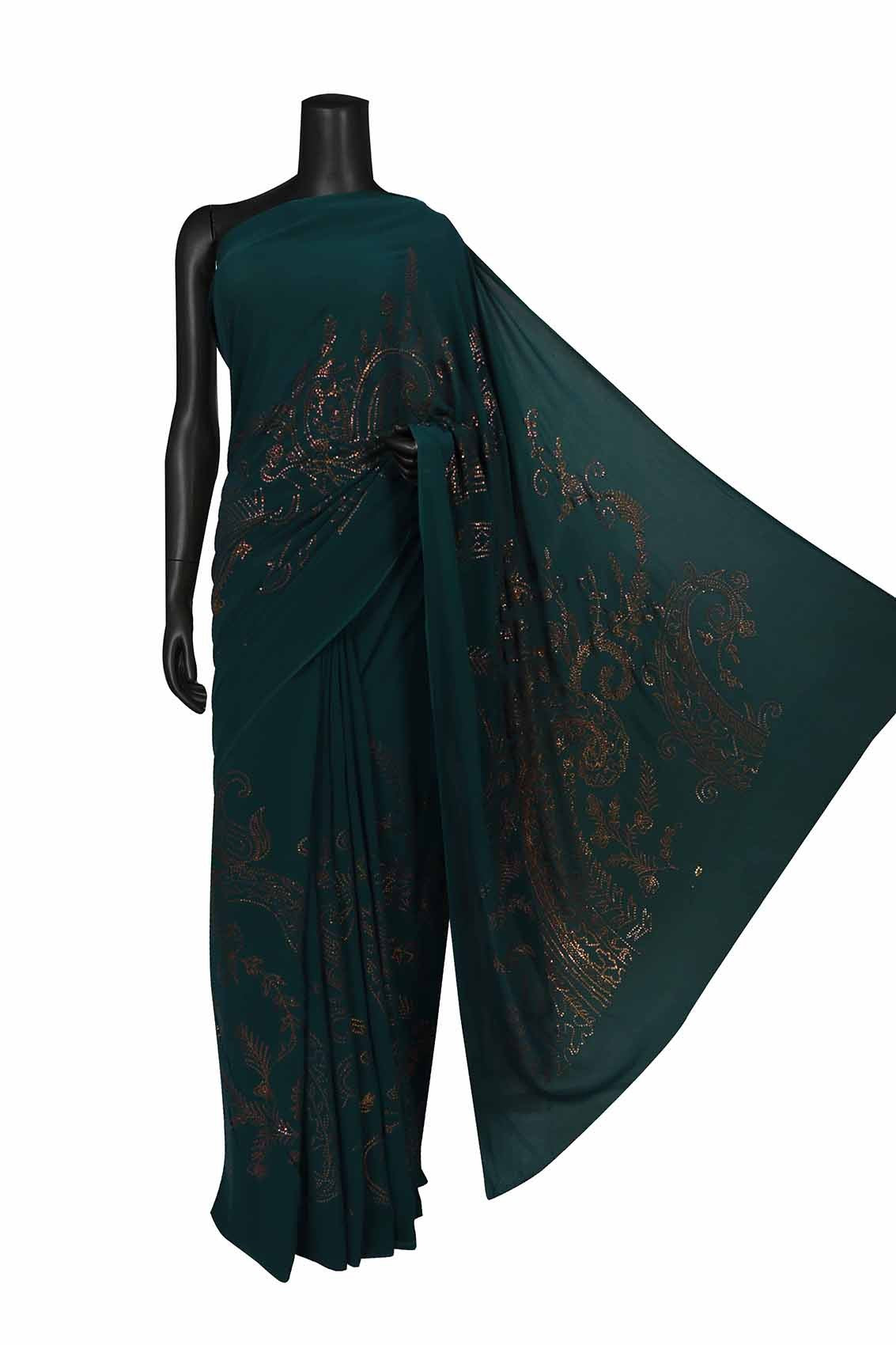 Ada Hand Embroidered Dark Green Pure Georgette Lucknowi Chikankari Saree/Blouse With Muqaish Work A456850