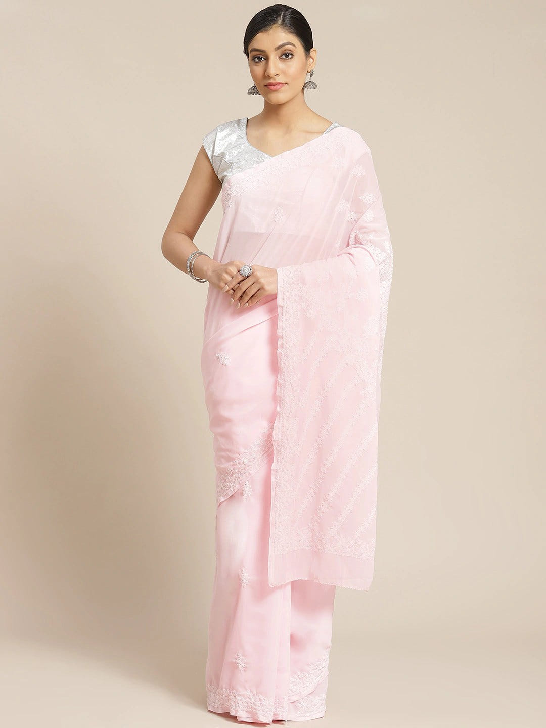 Ada Hand Embroidered Pink Georgette Lucknow Chikan Saree With Blouse - A159308