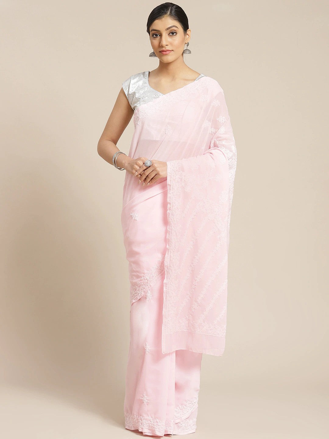 Ada Hand Embroidered Pink Georgette Lucknow Chikan Saree With Blouse - A159308