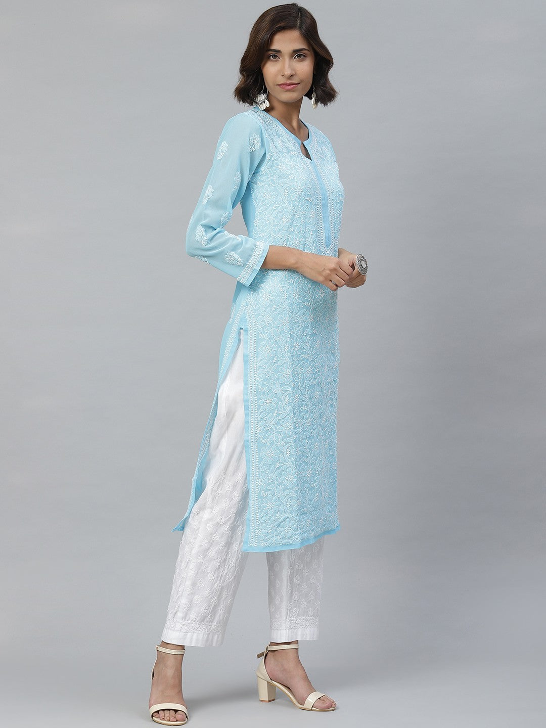 Ada Hand Embroidered Blue Georgette Lucknowi Chikankari Kurta With Palazzo A811124