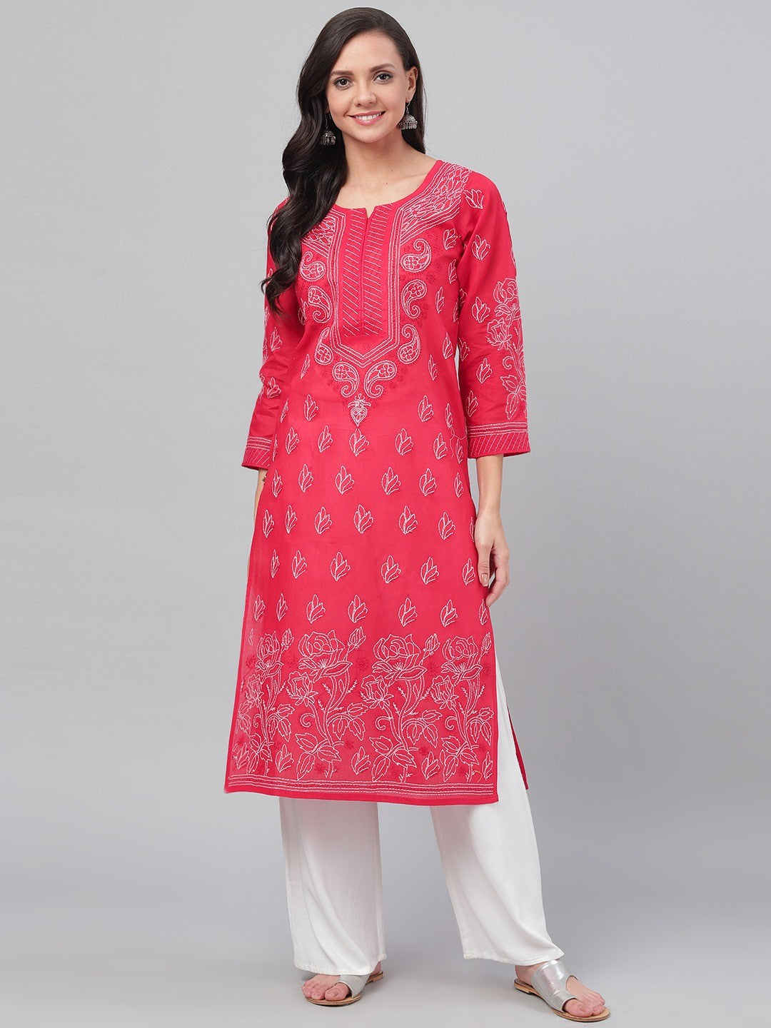 Ada Hand Embroidered Red Cotton Lucknowi Chikankari Straight Kurta A234087