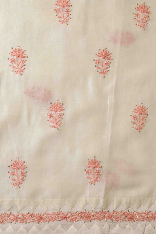 Ada Hand Embroidered Cream White Chanderi Lucknowi Chikan Unstitched Kurta Dupatta Set-A385896