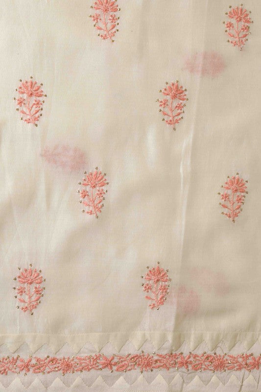 Ada Hand Embroidered Cream White Chanderi Lucknowi Chikan Unstitched Kurta Dupatta Set-A385896
