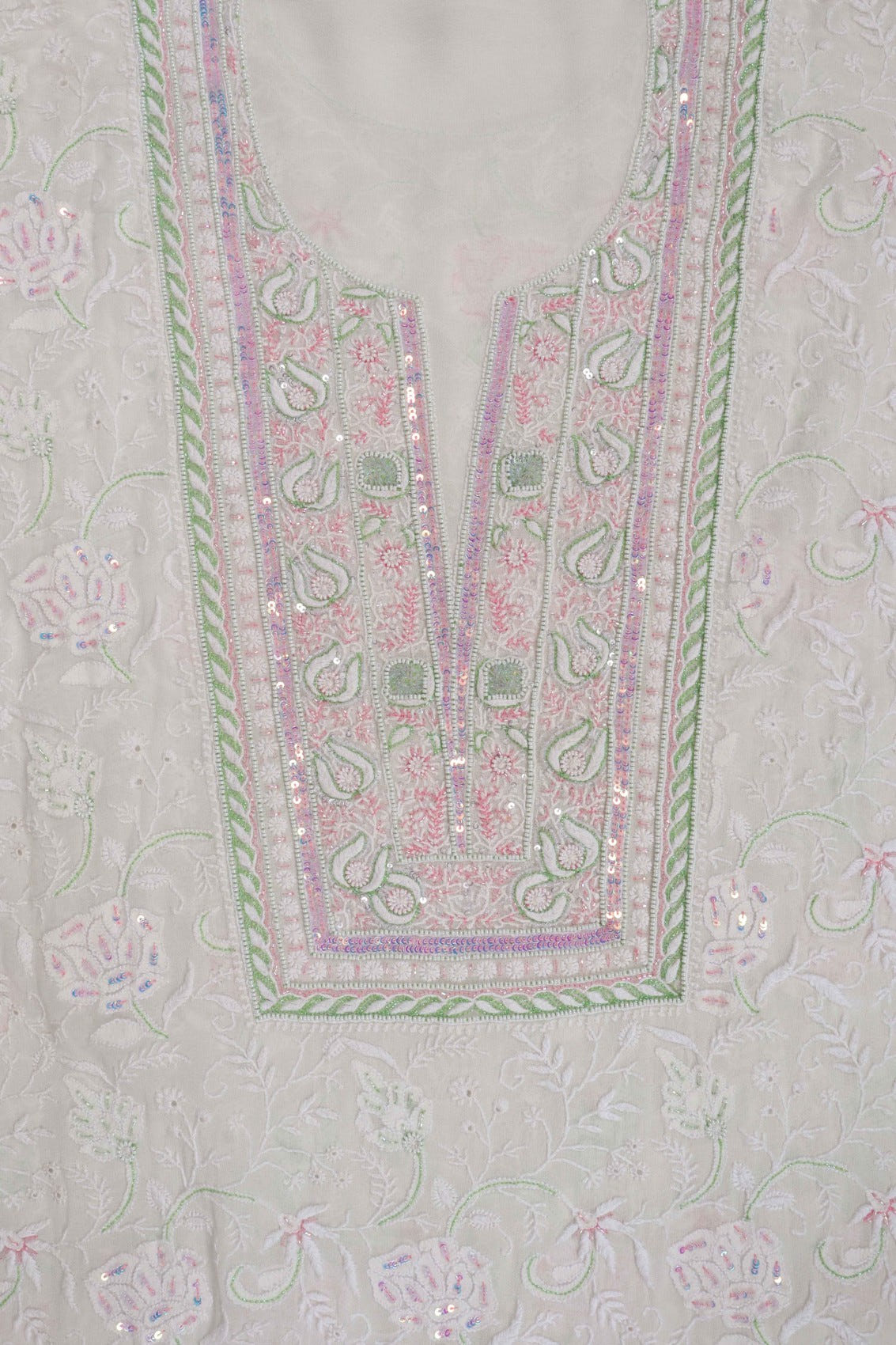 Ada Hand Embroidered White Pure Georgette Lucknowi Chikankari Unstitched Kurta Dupatta Set With Pearl Work A621851